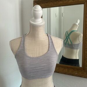 lululemon Energy Bra - grey and white stripe w/ teal straps